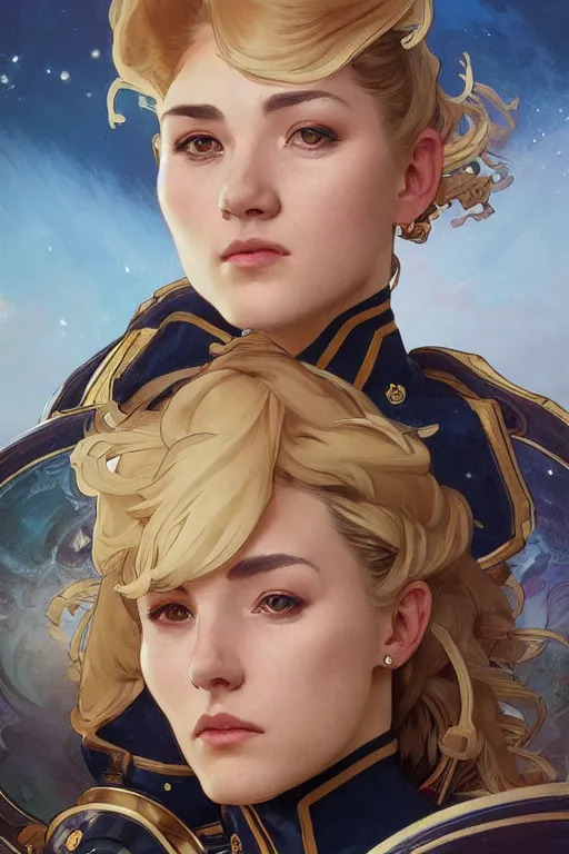 Image similar to beautiful portrait of a female officer wearing a fancy naval uniform, art by artgerm, wlop, greg rutkowski, alphonse mucha, science fiction, intricate detail, blonde hair, space background, trending on artstation, sharp focus, illustration, caustics, octane render, radiant light, 4 k