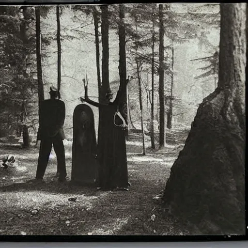 Image similar to shadow people at an occult alter in the woods vintage photo