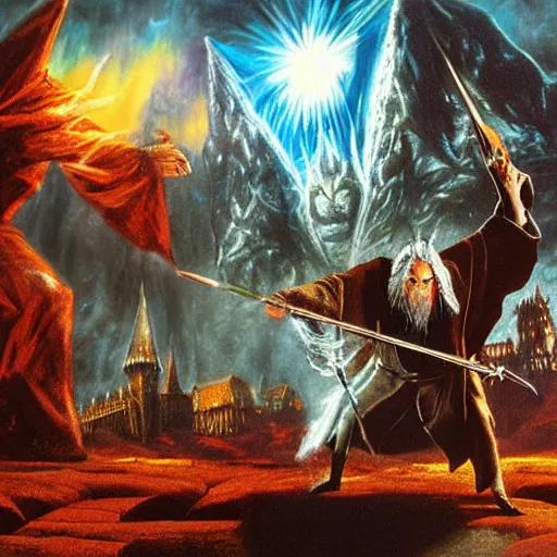 Image similar to Harry Potter and Gandalf fight against the Balrog of Morgoth, concept art by Tim White