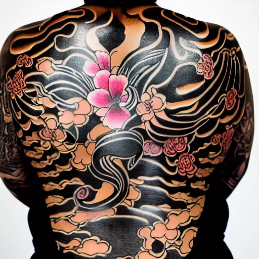 Image similar to photography of the back of a woman with a black detailed irezumi tatto representing a gold tiger with pink flowers on her entire back, dark hangar background, mid-shot, editorial photography