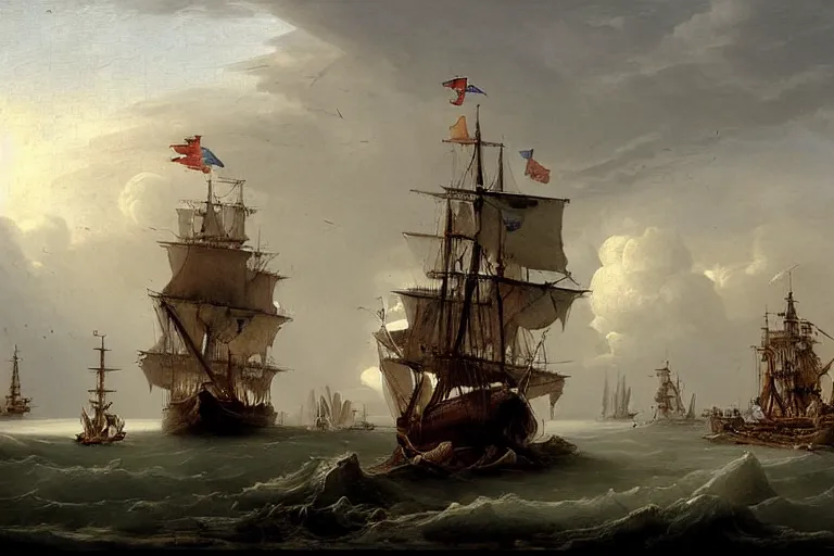 Image similar to painting starship landing over harbor by hubert robert very very detailed cinematic galleon