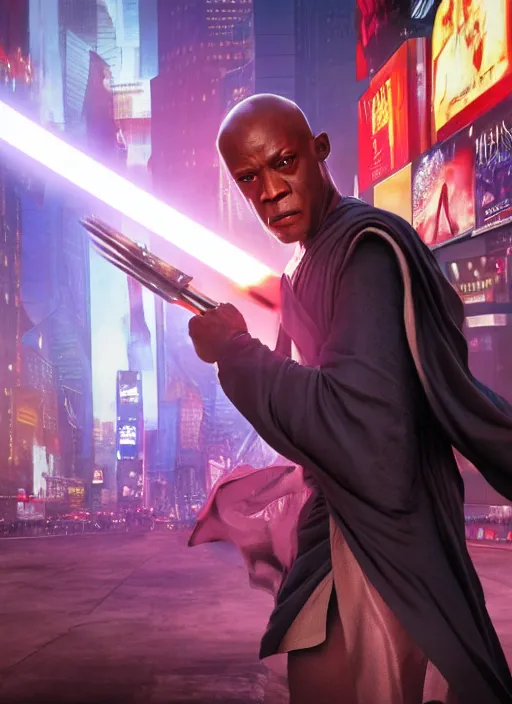 Image similar to An epic fantasy comic book style portrait painting of a young Mace Windu using the force to escape the police in Times Square, Star Wars, Unreal 5, DAZ, hyperrealistic, octane render, cosplay, RPG portrait, dynamic lighting