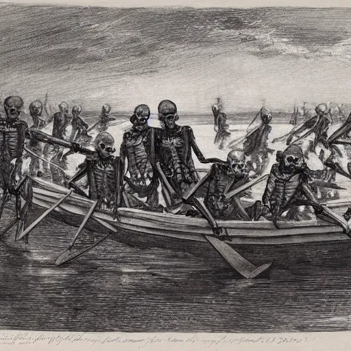 Image similar to action scene : an army of skeletons rising from the warter, climbiong on top of a rowing boat on which two suited gentleman stand. one of the gentleman raises his arm, channeling a blinging light, by alfred stevens, charcoal