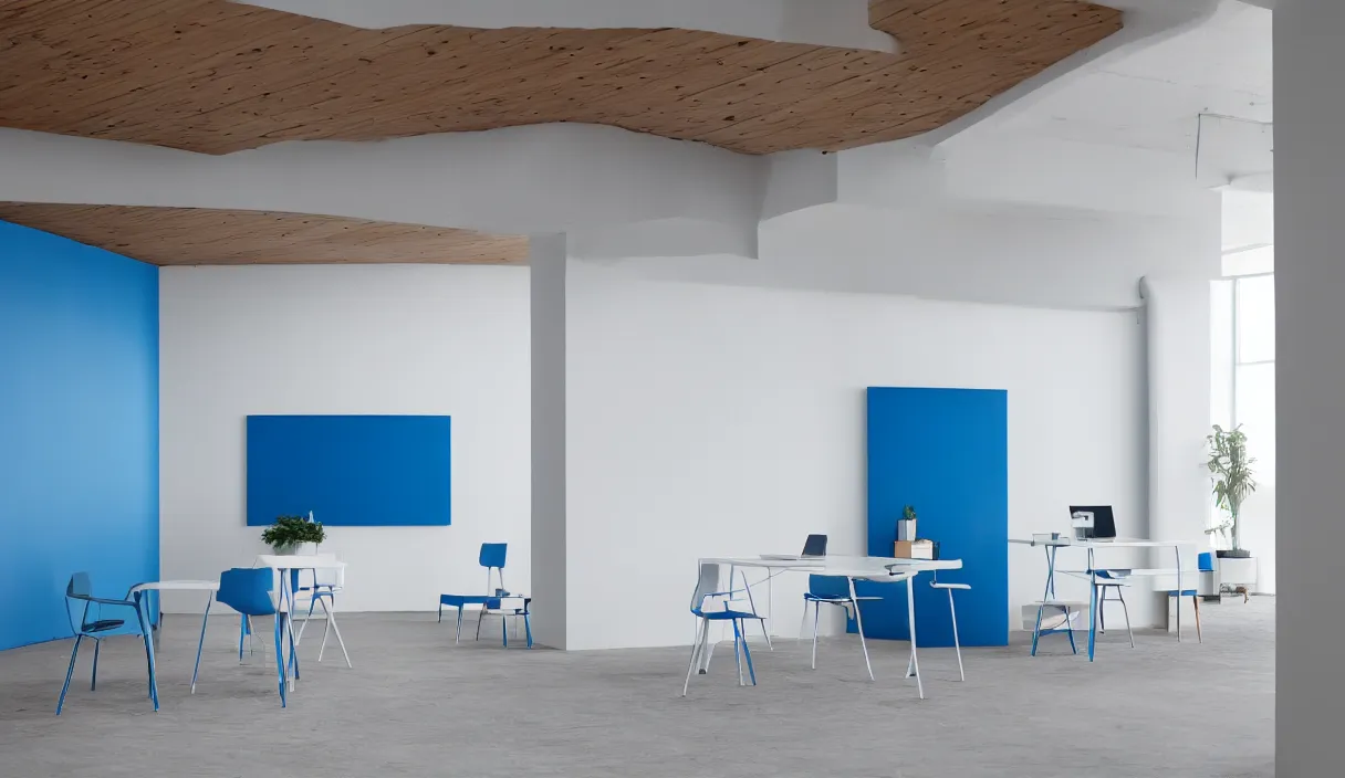 Image similar to a very minimalistic 7 0 s prisunic catalog with white, blue, metal and wood with the indoor office of severance series ( 2 0 2 2 ), in color