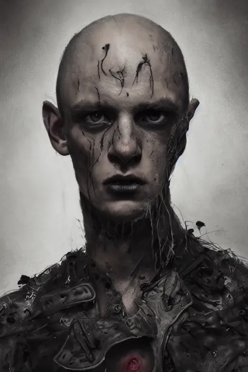 Prompt: a rough ugly young man, shaved head, gothic, tattered leather coat, intricate, elegant, dramatic lighting, ugly face, highly detailed, lifelike, photorealistic, digital painting, artstation, illustration, concept art, smooth, sharp focus, art by John Collier and Albert Aublet and Krenz Cushart and Artem Demura and Alphonse Mucha