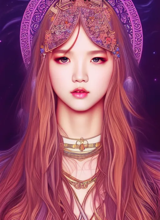 Prompt: lalisa manoban of blackpink, goddess of the moon, tarot card, highly detailed, digital painting, smooth, sharp focus, illustration, ultra realistic, 8 k, art by artgerm and alphonse mucha