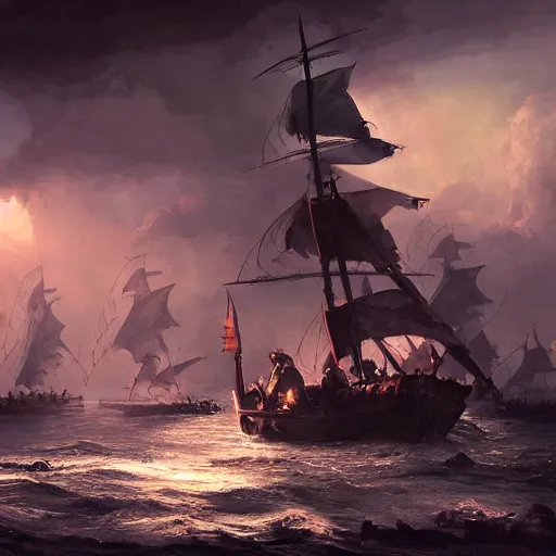 Prompt: knights dismounting off their sailing attackship to invade a moderate sized village, dusk, cinematic, concept art, slight fog, high detail, wide shot, dynamic lighting, sharp focus, high resolution