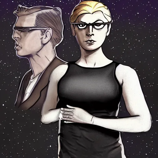 Image similar to detailed illustration of square - jawed emotionless serious blonde woman starship engineer, tribal tattoos, handsome, short slicked - back hair, sweating, uncomfortable and anxious, looking distracted and awkward, wearing victorian dark goggles, dirty white tank top, cargo pants, and gloves, small spacecraft in background, highly detailed, mike mignogna, trending on artstation