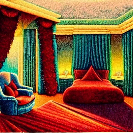 Image similar to Fantasy illustration by Clyde Caldwell This lavish bedchamber is brightly illuminated by a soft glow emanating from what look like large, faceted crystals in a blue, green, and red color scheme hanging from the ceiling. A plush, deep-pile red rug covers the floor between a large bed covered in woollen blankets and silk throws and a finely bedecked table set with fine food and drink. A large, gilded mirror hangs on the far wall.
