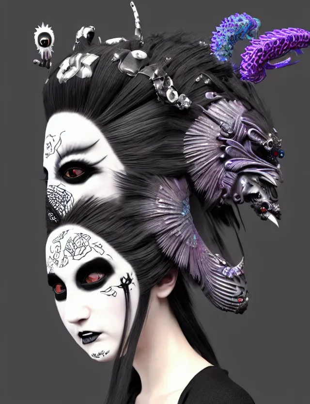 Image similar to 3 d goddess close - up profile portrait punk with mohawk with ram skull. beautiful intricately detailed japanese crow kitsune mask and clasical japanese kimono. betta fish, jellyfish phoenix, bio luminescent, plasma, ice, water, wind, creature, artwork by tooth wu and wlop and beeple and greg rutkowski