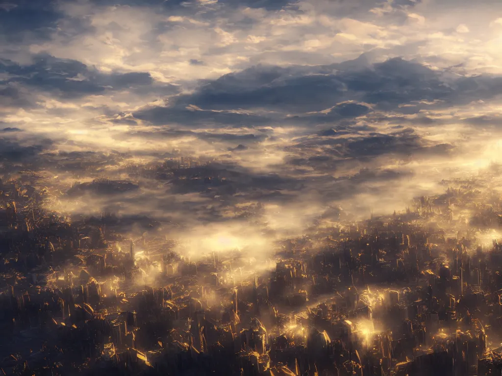 Image similar to city above the clouds，pure white and gold, fantasy artwork, very beautiful scenery, hdr, ue5, unreal engine 5, cinematic 4k wallpaper, 8k, ultra detailed, high resolution, artstation, award winning.