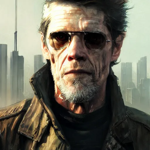 Image similar to closeup portrait of william dafoe, cyberpunk, shaggy ex military guy, city background, dramatic light, gorgeous view, depth, high detail, digital art, painted by greg rutkowski and seb mckinnon, neuromancer, trending on artstation