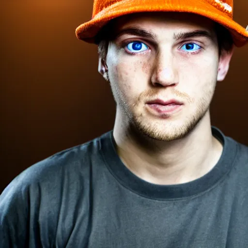 Image similar to close-up a 25 year old man wearing a black winter hat and a orange jail inmate tshirt, inside a underground facility, blue eyes, hideous, side lighting