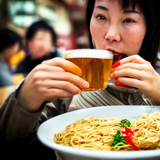 Prompt: chinese woman drinking beer and eating noodles with friends. shanghai. closeup