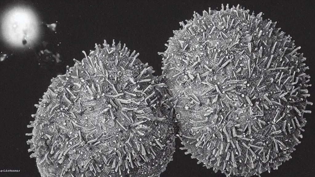 Prompt: a beautiful microscopic scientific photo of a virus and another strange life form seen through the electron microscope, dark, sinister, detailed, by philip henry gosse and haeckl