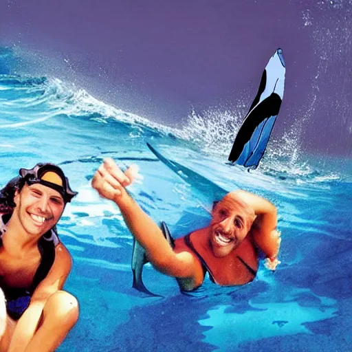 Image similar to a shark and a surfer hanging out in a swimming pool