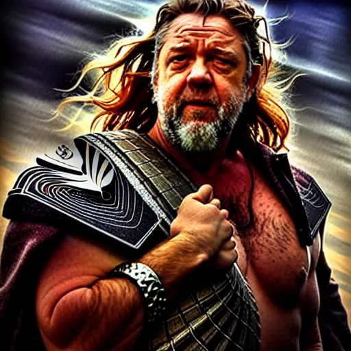 Image similar to Russell Crowe as zeus in a Marvel movie by nuri iyem, james gurney, james jean, greg rutkowski, anato finnstark. hyper detailed, 50mm, award winning photography.