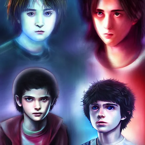 Image similar to Twilight anime, Stranger Things, Edward, Bella, photorealistic, dramatic lighting, soft, sharp focus, highly detailed, digital painting