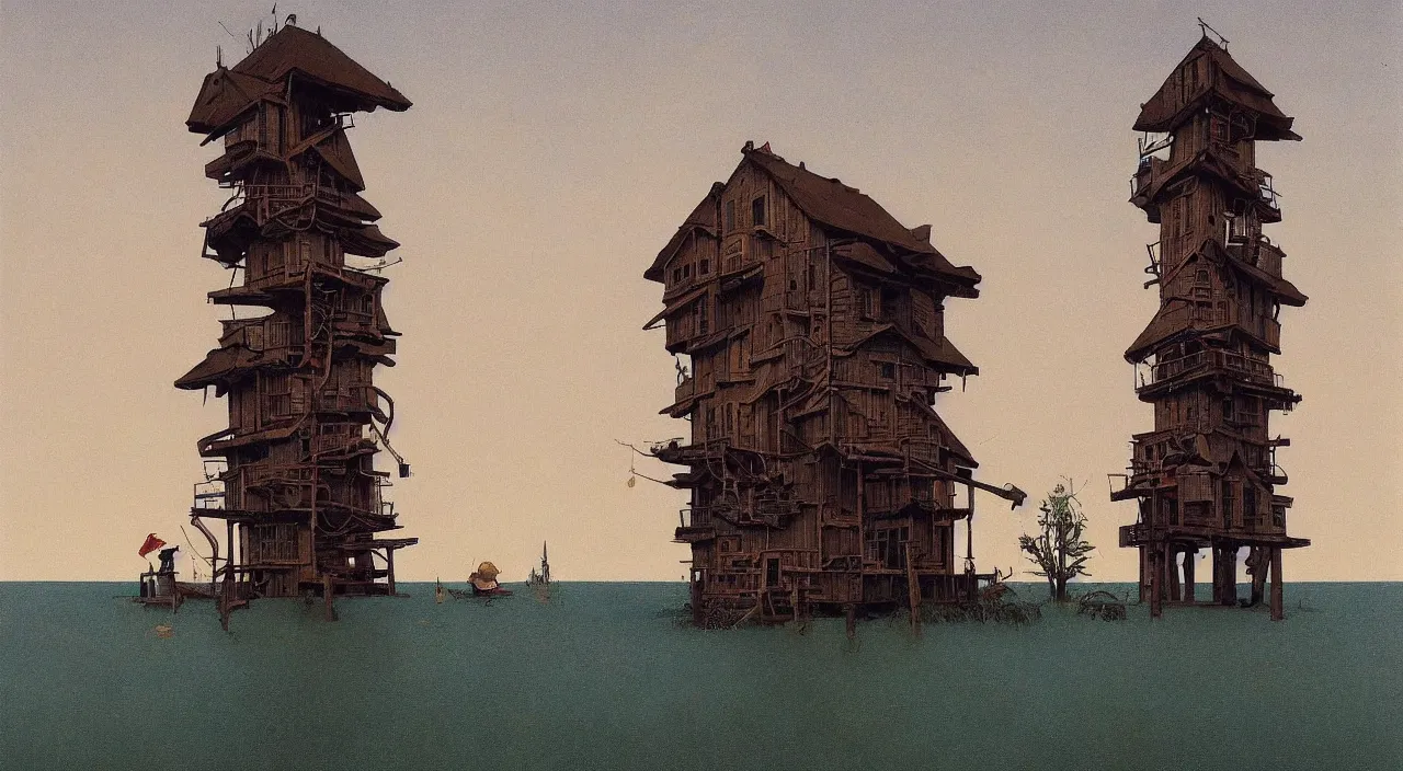 Prompt: single flooded simple crazy wooden tower, very coherent and colorful high contrast!! masterpiece by rene magritte simon stalenhag carl spitzweg syd mead norman rockwell edward hopper james gilleard, minimalist, dark shadows, sunny day, hard lighting