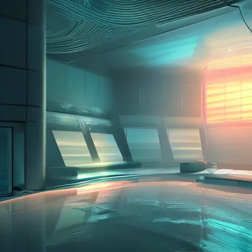 Prompt: futuristic virtual room, crisp, artstation, luxury, beautiful, dim painterly volumetric aquatic sunset lighting