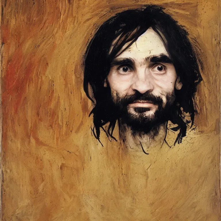 Image similar to Beautiful warmly lit close up studio portrait of young teenage Charles Manson sweetly smiling, impasto oil painting heavy brushstrokes by Cy Twombly and Anselm Kiefer , trending on artstation dramatic lighting abstract Expressionism