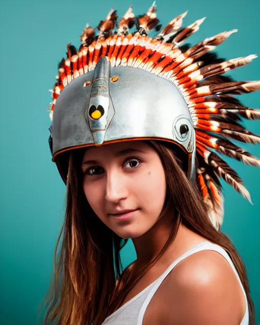 Prompt: centered medium shot fine studio photograph of a beautiful girl wearing only a mecha electronic native sioux indian helmet with bright lights, ultra-realistic, white background, 8k HDR sunset lit, intricate