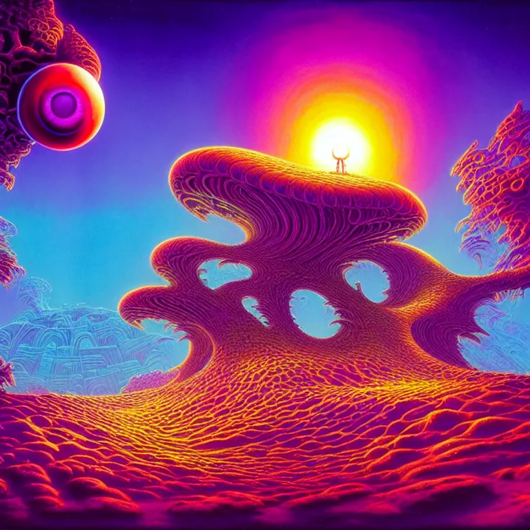 Image similar to mysterious eyeball hovers over mythical crystal temple, fractal waves, synthwave, bright neon colors, highly detailed, cinematic, tim white, michael whelan, roger dean, bob eggleton, lisa frank, vladimir kush, kubrick, kimura, isono