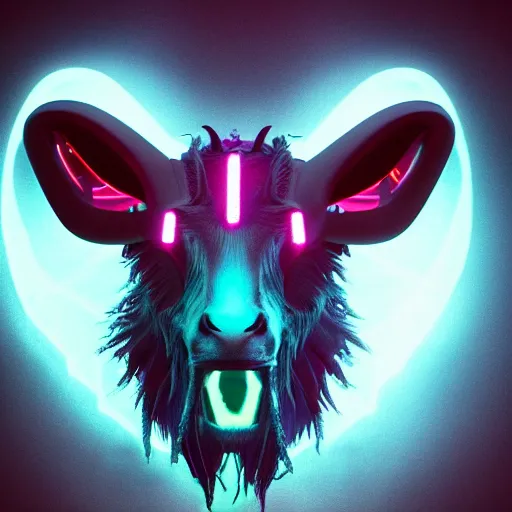 Image similar to synthwave demonic scary goat face with neon horns, detailed face, sharp focus, synthwave art, aesthetic, octane render, raw, cinematic