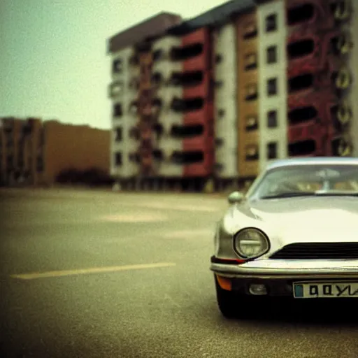 Image similar to low angle shot of russian car in soviet yard with block of flats, low grain film,polaroid, masterpiece, f 1.6, bokeh, mid day in style of william egglestone