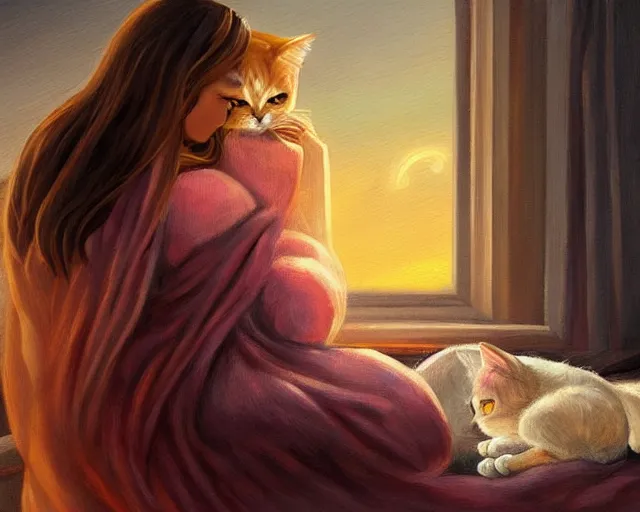 Prompt: a beautiful warm fuzzy painting of a woman curled up with a blanket, petting a cat who is purring with eyes closed. they are both sitting next to a window watching the sun set in winter, by anne stokes, trending on artstation, concept art, lofi, digital illustration