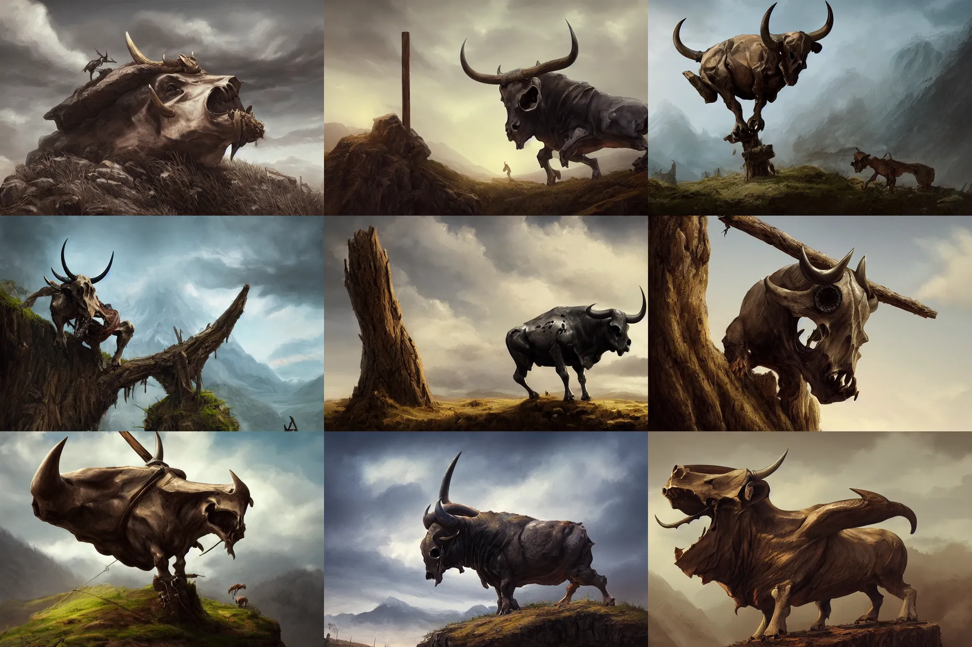 Prompt: bull skull atop of wood pole on hill, highly detailed, digital painting, artstation, concept art, sharp focus, illustration, rutkowski, raphael lacoste, magali villeneuve