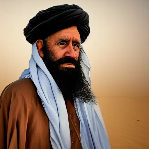 Image similar to 4 k portrait sony a 7 f 2. 8 wide angle of president joe biden as a taliban leader with a beard getting freaky in kuwait with sand storm desert lighting