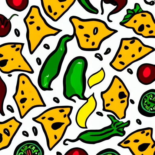 Prompt: drawing of nachos with cheese and jalapeno illustrations, white background, drawing, cartoon, in the style of shyama golden