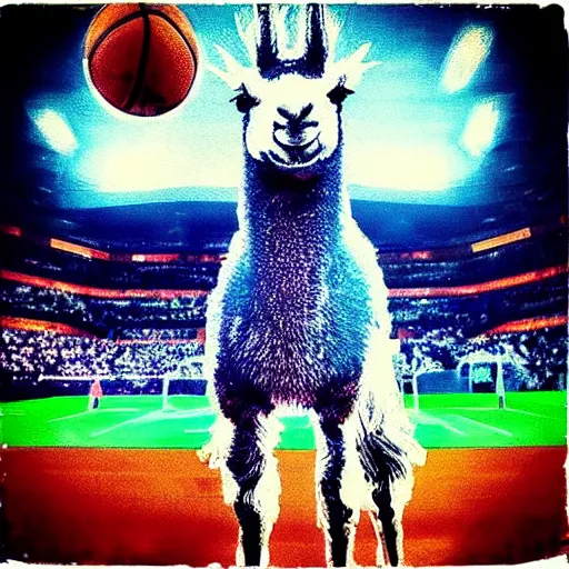 Image similar to “ abstract painting of a llama in a jersey dunking a basketball like michael jordan, shot from below, tilted frame, 3 5 °, dutch angle, extreme long shot, high detail, dramatic backlighting, indoors. in the background is a stadium full of people. ”