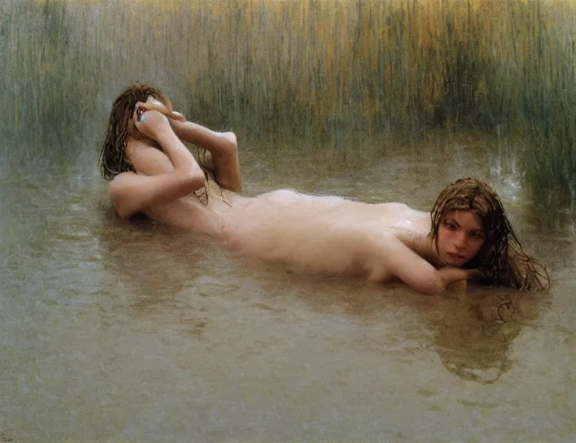 Image similar to peasant with wet hair taking a bath, cottage core, cinematic focus, polaroid photo bleached vintage pastel colors high - key lighting, soft lights, foggy, by steve hanks, by lisa yuskavage, by serov valentin, by tarkovsky, 8 k render, detailed, oil on canvas