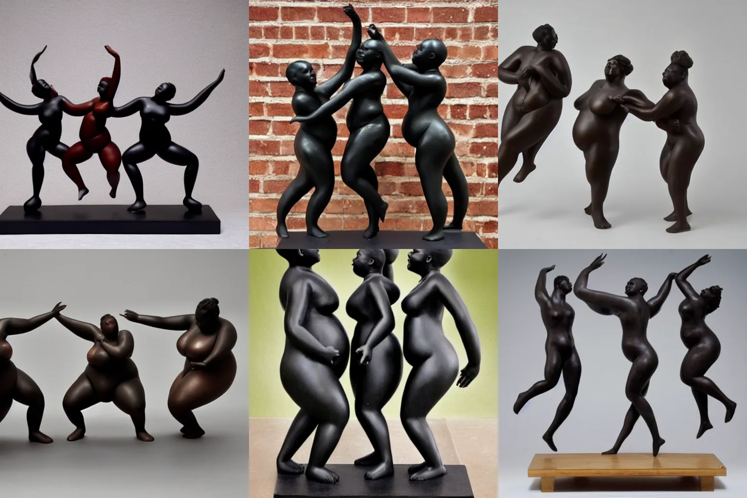Prompt: sculpture of 3 beautiful fat black people dancing together sensuously