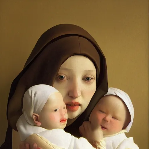 Image similar to pure love is patient love is kind, mother and child ; photorealistic oil painting by johannes vermeer ; highly detailed cute faces by wlop ; trending on artstation ; 8 k high resolution, symmetrical, cinematic, high coherence, golden ratio, rule of thirds, perfectly centered ; anatomically correct faces