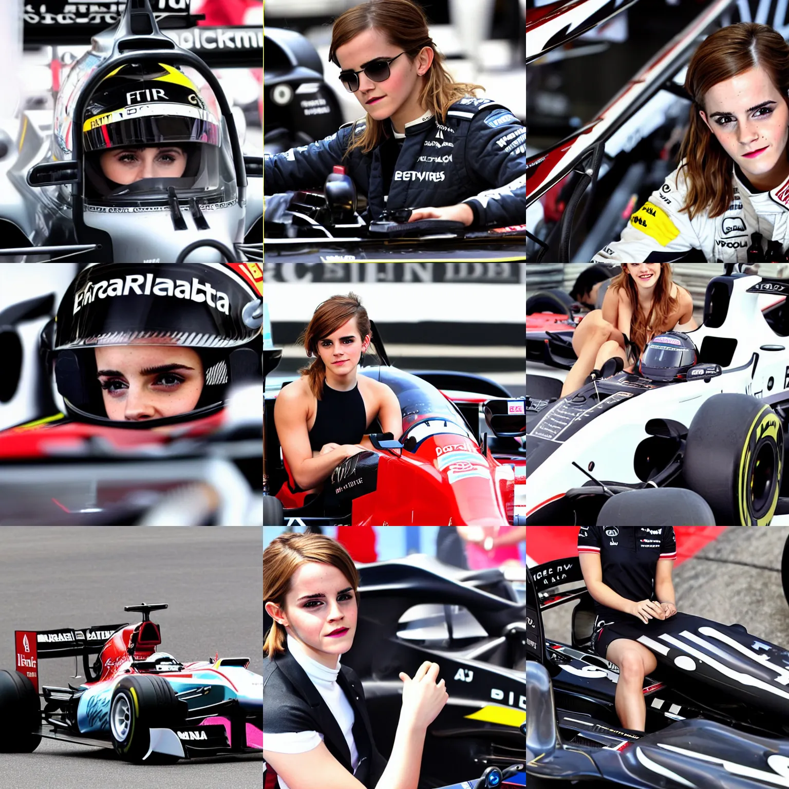 Prompt: emma watson in the cockpit of an f 1 car