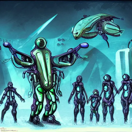 Image similar to concept art of a cyberpunk insectoid underwater alien and its minions, retro technology