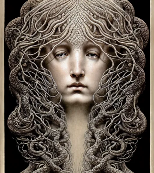 Image similar to detailed realistic beautiful hydra goddess face portrait by jean delville, gustave dore, iris van herpen and marco mazzoni, art forms of nature by ernst haeckel, art nouveau, symbolist, visionary, gothic, neo - gothic, pre - raphaelite, fractal lace, intricate alien botanicals, ai biodiversity, surreality, hyperdetailed ultrasharp octane render