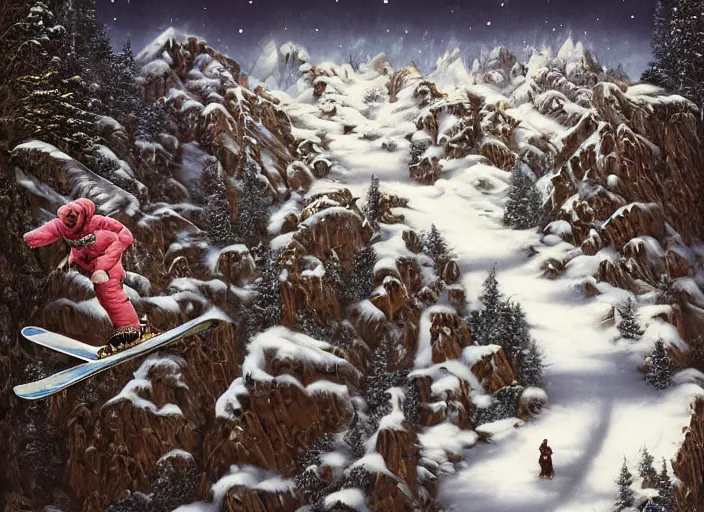 Image similar to a snowboard downhill with a portal to another dimension on the end, lowbrow, matte painting, 3 - d highly detailed, in the style of mark ryden,