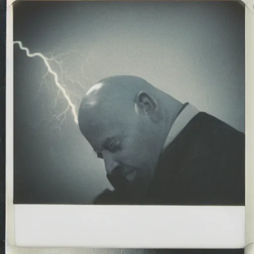 Prompt: old polaroid of a bald guy in the rain while a lighting strike hits his head