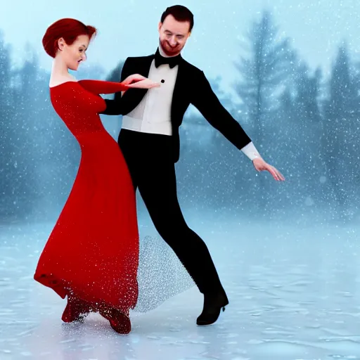 Prompt: a beautiful couple dancing tango in a frozen lake by Aurore Folny, girl wears a red dress, man wear black suit, trending Artstation, snow weather, iconic tango pose, illustration, drama , octane render
