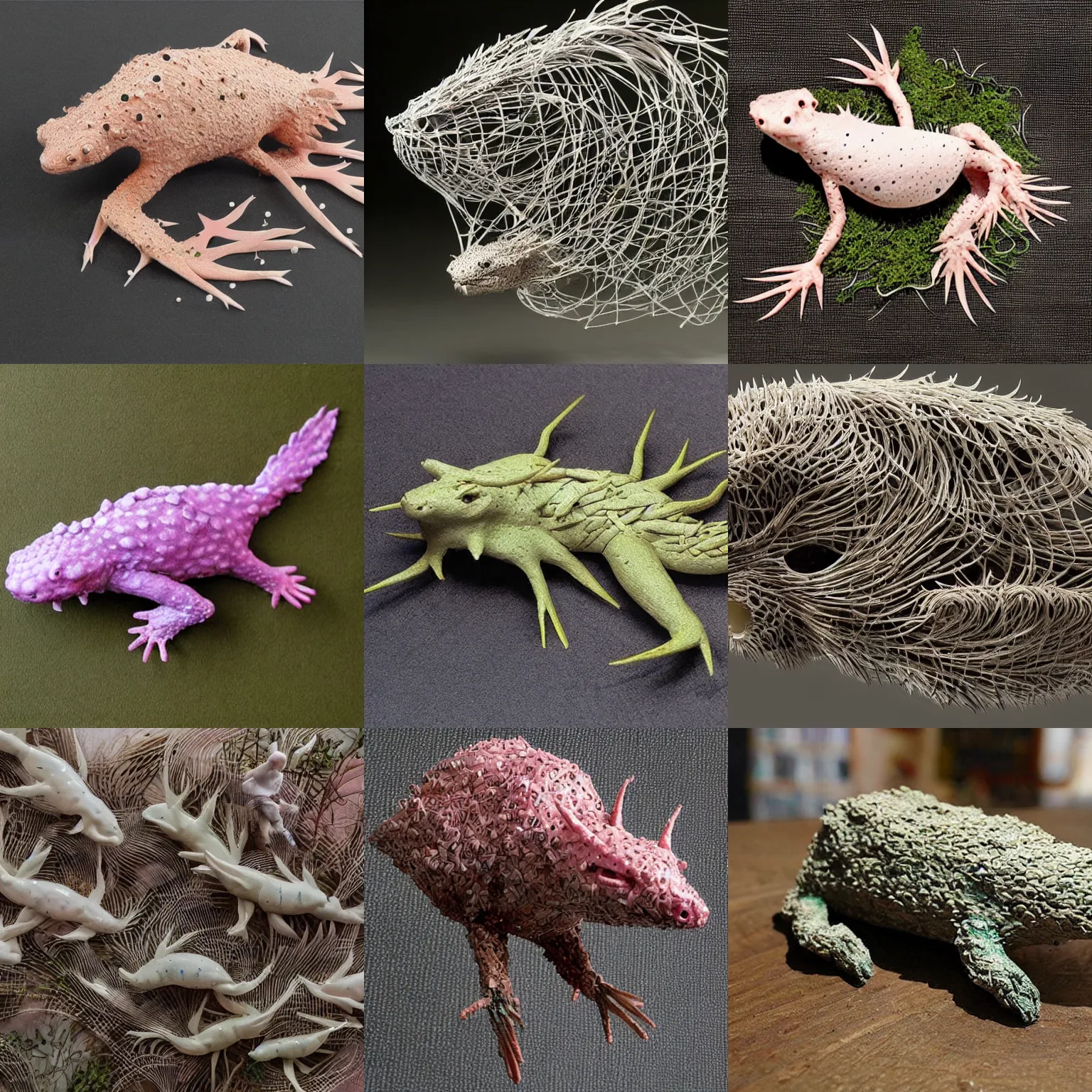 Prompt: an axolotl sculpture made of birds and insects, astonishing detail. hyper realistic