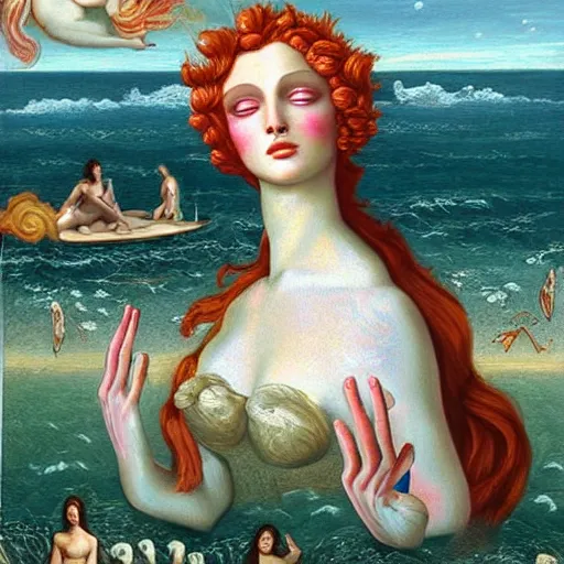 Prompt: the birth of venus painting by godmachine, brom and mc esther