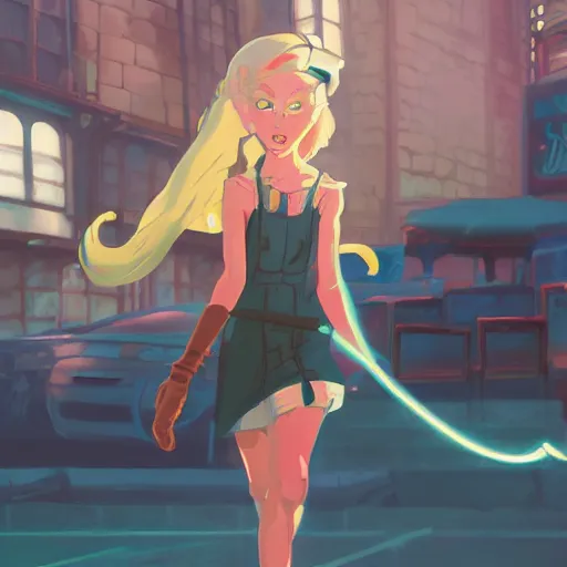 Image similar to a cute 2 0 years old girl with long curly blonde hair, with blue eyes, in a cyberpunk setting, artstation, elegant, highly detailed, digital painting, concept art, smooth, sharp focus, illustration, art by don bluth and michel ocelot and makoto shinkai and tom whalen and atey ghailan and akihiko yoshida