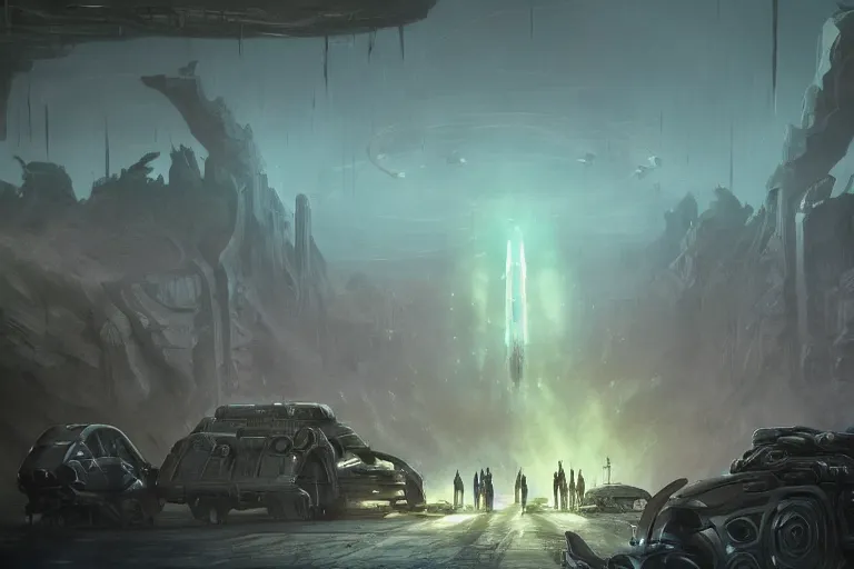 Image similar to ancient alien portral, a crowd of androids walking in a straight line along a path towards a portal, pilgrimage, in mad max style, stargate, coriolios rpg art style, full of details, dark sci - fi, cold blue colors, matte painting, artstation, 8 k, hyperrealistic, style of peter mohrbacher