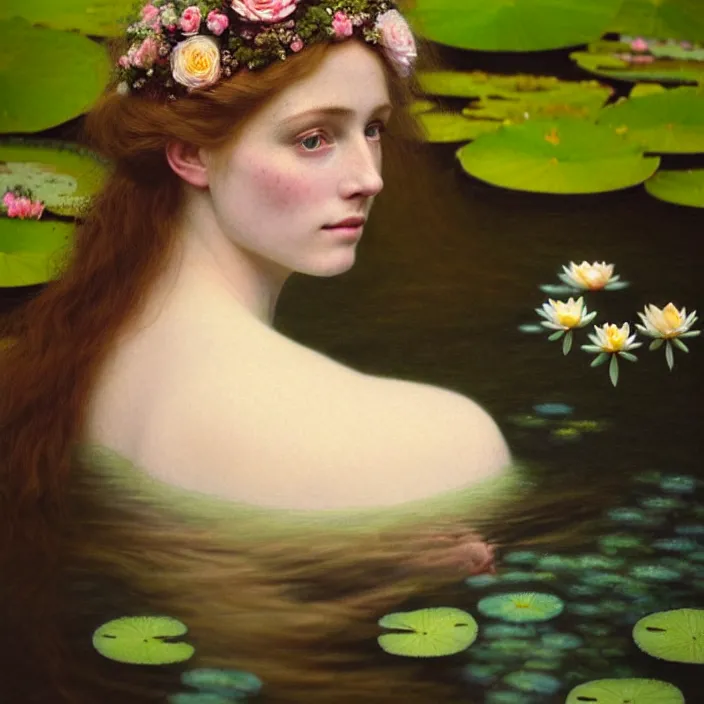 Prompt: Kodak Portra 400, 8K, soft light, volumetric lighting, highly detailed, britt marling style 3/4 ,portrait photo of a beautiful woman how pre-Raphaelites painter, the face emerges from the water of a pond with water lilies, inspired by Ophelia paint , a beautiful lace dress and hair are intricate with highly detailed realistic beautiful flowers , Realistic, Refined, Highly Detailed, natural outdoor soft pastel lighting colors scheme, outdoor fine art photography, Hyper realistic, photo realistic