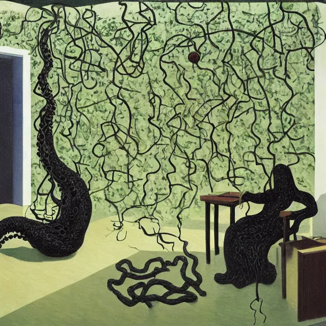 Image similar to a pathology student in her apartment, wrapped in vines, large stones, octopus, black walls, ikebana, black armchair, puddles, moss, acrylic on canvas, surrealist, by magritte and monet