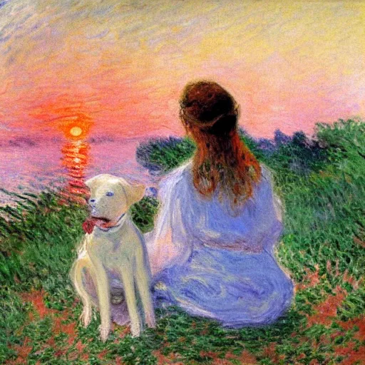 Prompt: girl with curly blonde hair sits next to her white pitbull, sitting on a riverbank watching the sunset, painting by monet